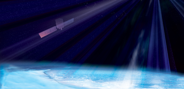 IMMAGINE: ILLUSTRAZIONE DELL'OSSERVATORIO DI NEUTRINI ICECUBE, IMMERSO NEL GHIACCIO DI ANTARTICA, E DEL TELESCOPIO SATELLITARE FERMI [CREDIT: NASA/FERMI AND AURORE SIMONNET, SONOMA STATE UNIVERSITY]