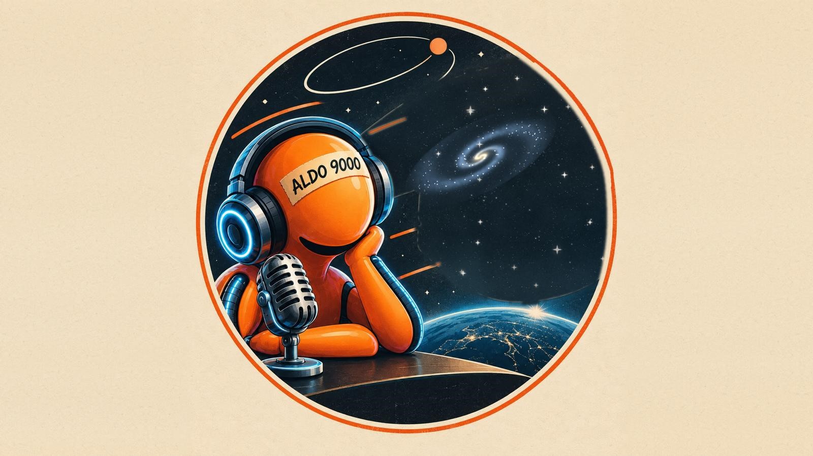 robot con cuffie e microfono radiofonico