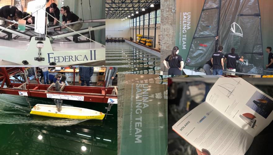 collage tra imbarcazione libri team a lavoro