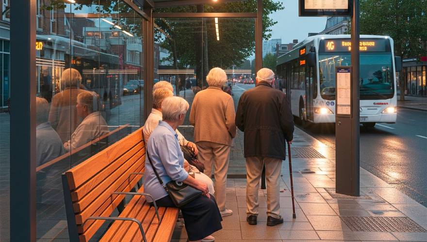 copertina rivista. anziani alla fermata del bus