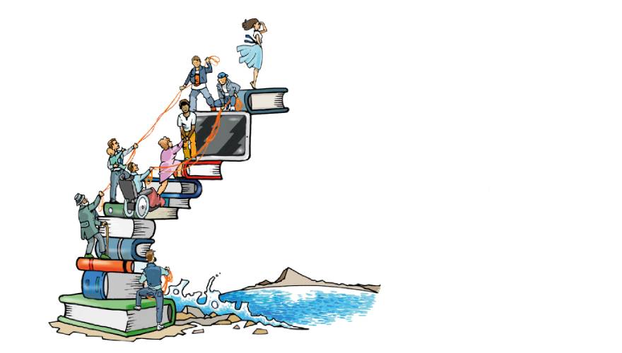 persone che salgono una scala di libri