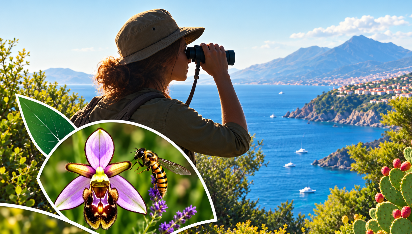 donna con binocolo che osserva la natura