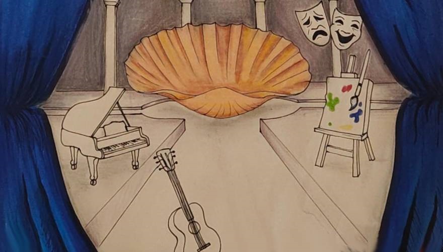 disegno di conchiglia maschere pianoforte tela con pennelli